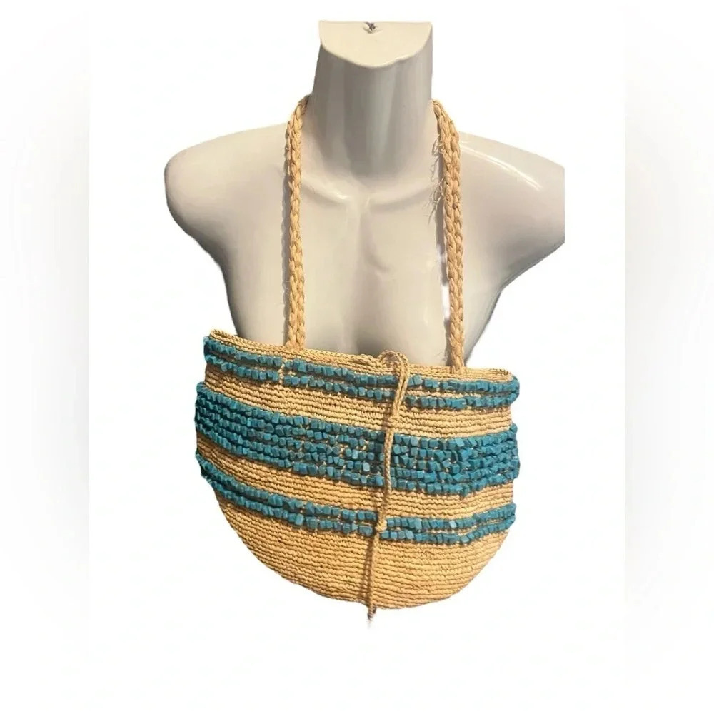 J. Crew Woven Straw Turquoise Stone Detail Tote Bag - Picture 3 of 6